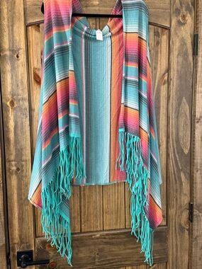 Crazy Train Teal & Coral Striped Fringe Poncho